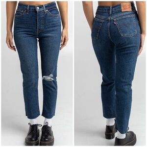 Levi’s High Waisted Wedgie Straight Jeans in Medium Blue Destructed